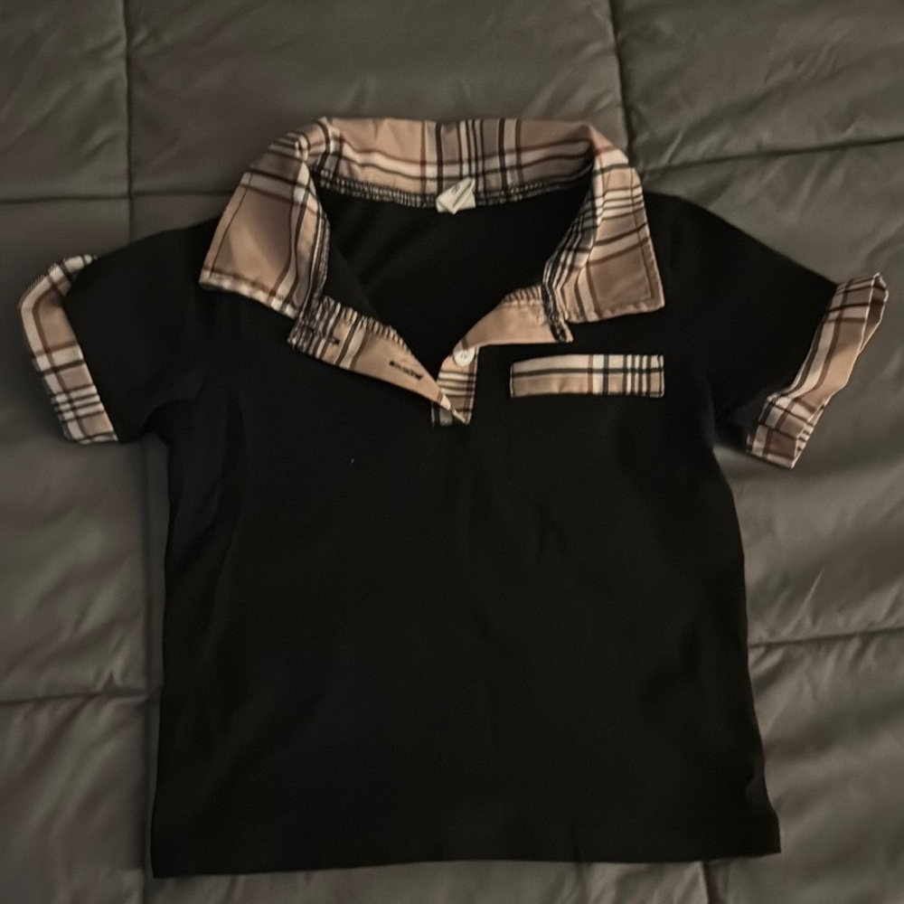 Black Polo Shirt with Plaid Accents